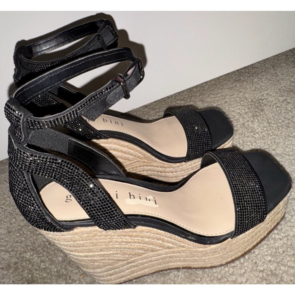 Gianni Bini Black Rhinestone Wedge Sandals Womens 7M Espadrille Platform NEW - Picture 3 of 12